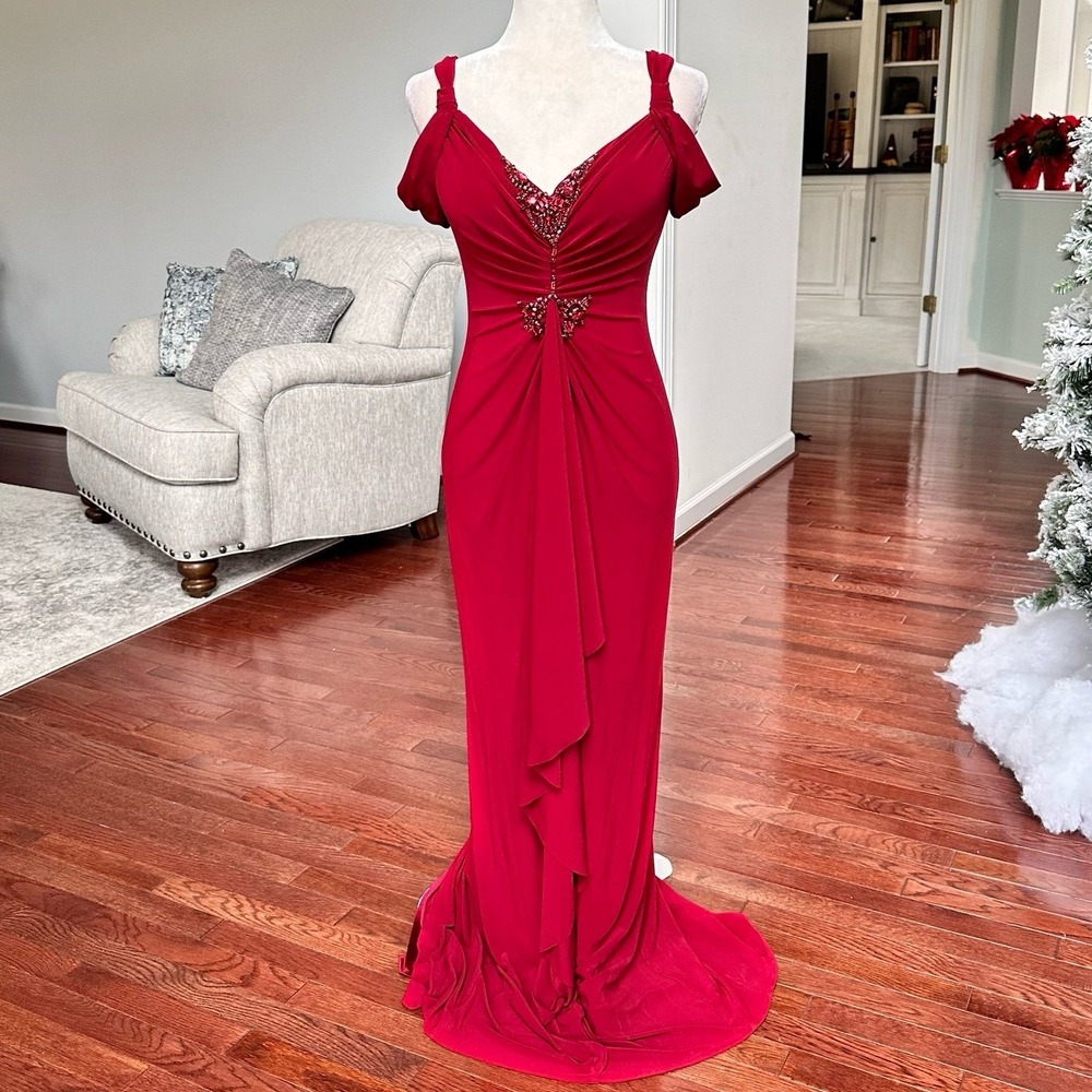 Vintage Cache Deep Red Off The Shoulder Bodycon Goddess Gown Dress Size 4